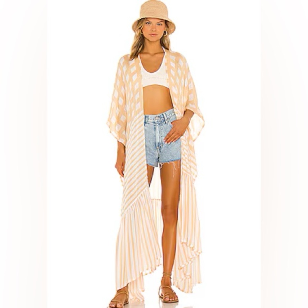 Free People Kenna Kimono Light Orange and Cream Patterned